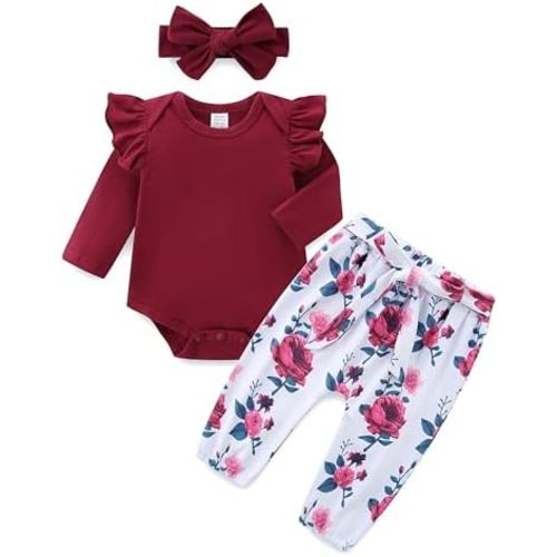 Newborn Baby Girl Outfits Clothes Cute Long Sleeve Ruffle Romper Floral Pants Headband Set 0~12M