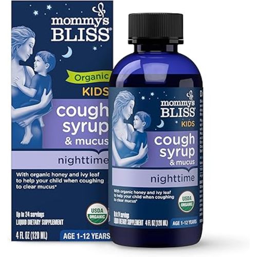 Mommy's Bliss Kids Organic Cough Syrup & Mucus Relief for Night Time, Agave & Honey, Ivy Leaf, Zinc, Vitamin C, Cough Syrup for Kids, +Herbal Nighttime Blend, 4 Fl z