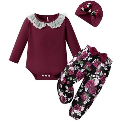 WESIDOM Baby Girl Clothes 0-24M Newborn Girls Outfits Lace Romper+Floral Pants+Cute Bow Hat Infant Babys 3Pcs Set