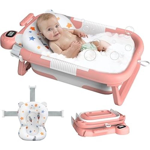 Collapsible Baby Bathtub, Baby Bath Tub for Newborn to Toddler with Floating Cushion for Bath Support, Portable Baby Tub for Infants with Temp Monitor, 0-36 Months Baby Bath Essentials, Pink
