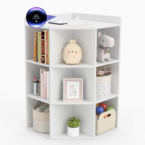 Costway 3-Tier Kids Corner Toy Storage Organizer with USB Ports and Outlets 9 Cubbies White