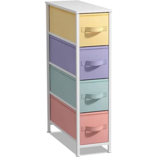 Beige 4-Drawers 16.5 in. Chest of Drawers, Tall Narrow Dresser with Steel Frame, Wood Top, and Easy Pull Fabric Bins