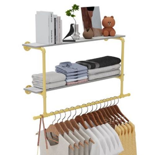 2 In 1 Heavy Duty Industrial Pipe Clothes Rail Floating Wall Mounted Hanging Display Closet Storage Shelf for Bedroom Laundry Room