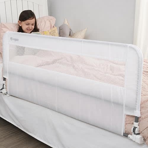 Regalo Safety 54” Extra Long Hideaway Bed Rail Guard for Toddlers, Toddler Bed Rail with Reinforced Anchor Safety System, 20” Tall Bed Safety Rail, Fits Twin, Full & Queen Beds