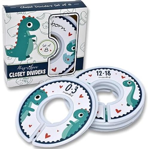 HarperLynn Baby Closet Dividers - Set of 8 Dinosaur Nursery Clothes Organizers - Size Newborn Infant to 2T. Great Gifts Accessories for First Time Parents of Boy or Girl. Fits 1.25 Inch Rod.