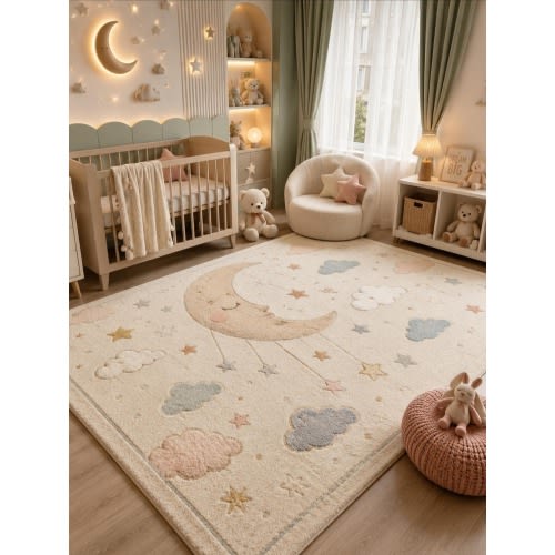 Nursery Area Rug, Moon Clouds Baby Room Carpet, Soft Plush Play Mat, Neutral Decor