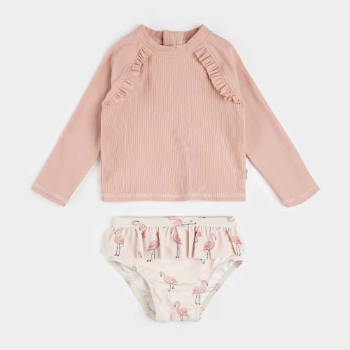 Ribbed Long-Sleeve Rose Quartz & Flamingos Rashguard Set