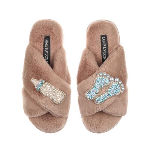 Classic Laines Slippers With New Baby Boy Brooches - Toffee | LAINES LONDON | Wolf & Badger