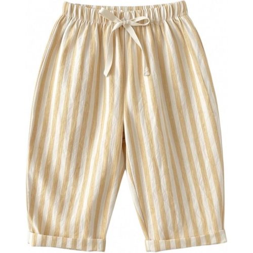 Toddler Boys Cute Striped Pants Baby Girls Baggy Cotton Linen Sweatpants with Drawstring Summer Elastic Waist Barrel