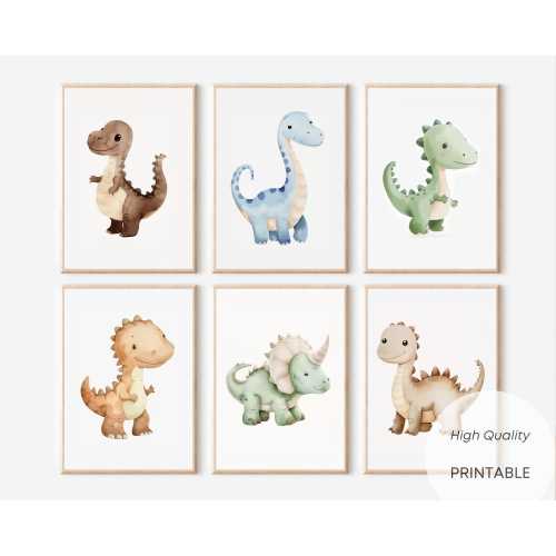 Dinosaur Nursery Prints Set of 6 Dino Wall Art Dino Nursery Decor Cute Dino Posters for Baby Boy Dino Themed Room Decor Digital Download