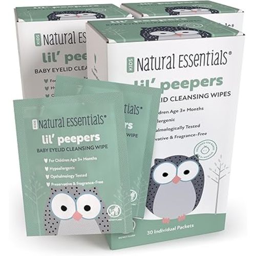 Natural Essentials Lil' Peepers Baby Eye Wipes and Eyelid Cleanser, Preservative-Free & Rinse-Free, Pediatrician Recommended Hypoallergenic Soft Eyelid Wipes for Babies, Kids & Adults, 30 Count (3pk)