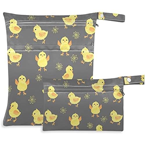 visesunny Cute Chick 2Pcs Wet Bag with Zippered Pockets Washable Reusable Roomy Diaper Bag for Travel,Beach,Pool,Daycare,Stroller,Diapers,Dirty Gym Clothes, Wet Swimsuits, Toiletries