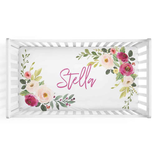 Franny's Blush & Magenta Farmhouse Floral Personalized Crib Sheet