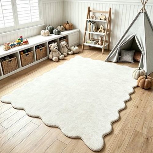 White 5'x7' Scalloped Area Rugs for Living Room Bedroom, Modern Solid Fluffy Plush Rug, Non Slip Soft Indoor Washable Carpet