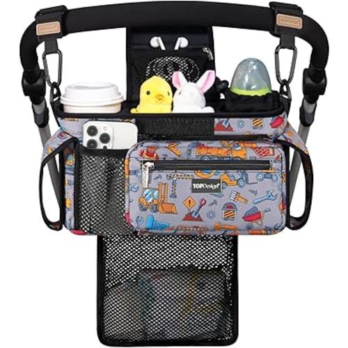 TOPDesign Universal Baby Stroller Organizer, Stroller Caddy with Detachable Mesh Bag & Heightened Insulated Cup Holders & Non-Slip Secure Hooks Accessories, Fits Most Strollers (Construction Trucks)