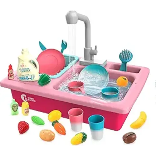 CUTE STONE Color Changing Play Kitchen Sink Toys, Children Electric Dishwasher Playing Toy with Running Water,Upgraded Real Faucet and Play Dishes,Pretend Role Play Toys for Kids Boys Girls