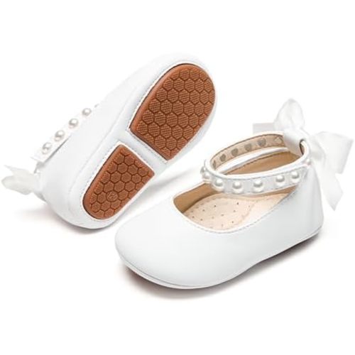 Baby Girls Mary Jane Flats - Infant Newborn Walking Shoes Soft Rubber Sole Princess Wedding