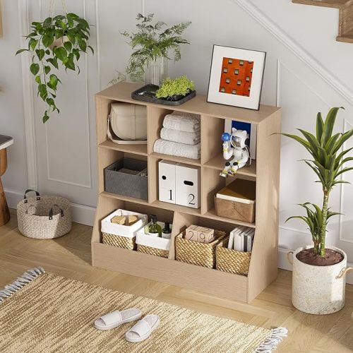 DINZI LVJ Toy Storage Organizer, Kids Bookshelf, Wood Toy Storage Cabinet, 3-Tier 8 Cubby Children Bookcase, 35.4" L Toddler Book Shelf for Playroom, Living Room, Nursery, Hallway, School, Natural