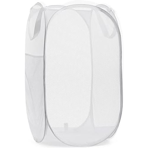 Handy Laundry Collapsible Mesh Pop Up Hamper with Wide Opening and Side Pocket - Breathable, Sturdy, Foldable, and Space-Saving Design for Clothes and Storage (White)