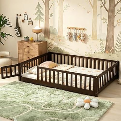 Bellemave Full Size Montessori Floor Bed Frame with Rails & Door, Solid Wood Kids Floor Bed Full with Removable Slats, Low Profile Montessori Bed for Children’s Sleep & Play, Espresso