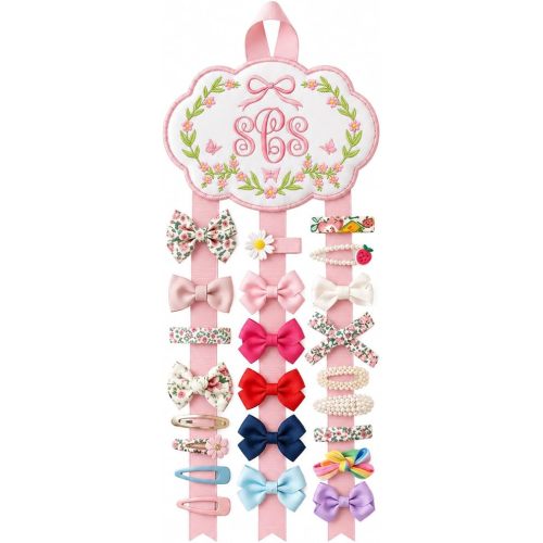 Personalized Hair Bow Holder for Girls, Custom Embroidered Floral Monogram Bow Organizer, Ribbon Hair Bow and Clip Display for Girls Room Decor