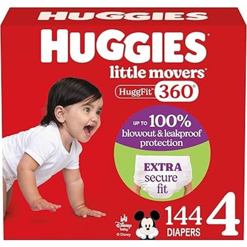 Huggies Size 4 Baby Diapers, Little Movers HuggFit 360° Baby Diapers with 360° Waistband, Size 4 (22-37 lbs), 144 Count (4 Packs of 36), Packaging May Vary