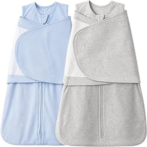 Baby Sleep Sack Swaddle 2 Pack,Swaddles 3-6 Months,3-Way Adjustable Wearable Transition Blanket 100% Organic Cotton,12-18 lbs,1.0 TOG(Blue&Grey)
