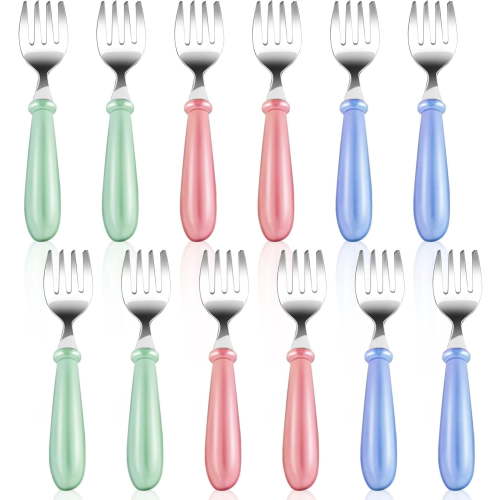 12Pcs Toddler Forks,Stainless Steel Toddler Utensils Baby Forks,Kids Forks Children's Cutlery for Self Feeding,BPA Free Kids Metal Forks with Round Handle for Boys Girls Dining,Dishwasher Safe