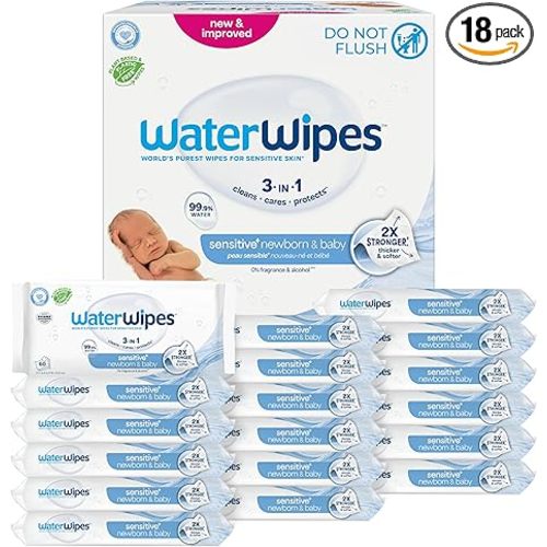 WaterWipes Sensitive+ Newborn & Baby Wipes, 3-In-1 Cleans, Cares, Protects, 99.9% Water, Unscented & Hypoallergenic, 1080 Count (18 Packs)