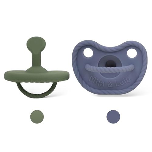 Orthodontic Shape Silicone Pacifiers (Set of 2); 0 Months and up; 100% Food Grade Silicone, One Piece Design (Olive/Ocean) - Mila & Lulu