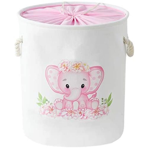 INough Pink Baskets Laundry Baskets Kids Laundry Hamper, Pink Baby Hamper Elephant Basket Large Collapsible Kids Hamper with Handles Waterproof Storage Basket for Dormitory Laundry Kidsroom