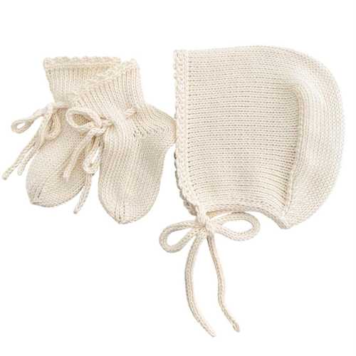 Handmade Cotton Baby Gift Set.  Knit bonnet and socks. 100% cotton.