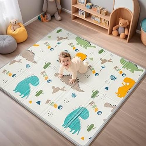 Foldable Baby Play Mat, PIGLOG Waterproof Playmats for Babies and Toddlers Kids, Safe Foam Playmat for Tummy Time, 50x50 Playpen Mat, Reversible Portable Baby Floor Mat for Infant, Toddler, Dinosaur
