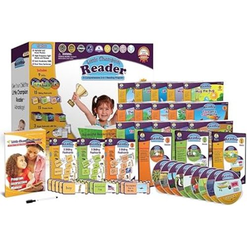Early Reading Program for Baby, Toddler, Preschool, Kindergarten- Alphabet, Vowel Phonics & 200+ Sight Words - Little Champion Reader 9 DVD, Flash Card, Book Kit