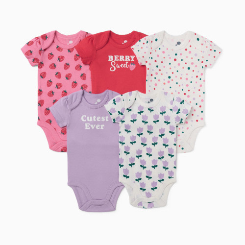 Small Story Organic Cotton Short Sleeve Print Mix Bodysuit (5 Pack) - Berry Sweet, 3-6 M