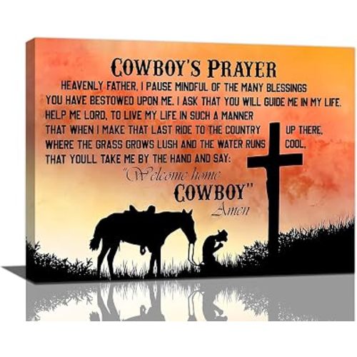 Vintage Western Wall Art - Cowboy Prayer Decor with Christian Cross & Horse - Canvas Print Artwork for Bedroom, Living Room, Office, Bathroom - 16"x12"