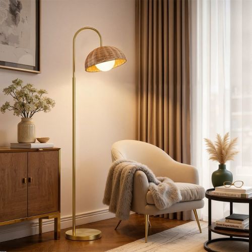 Maxax 64" Antique Brass Floor Lamp, Modern Rattan Standing Lamp, Minimalist Arc Floor Lamp with Foot Switch for Bedroom, Living Room, Reading Nook