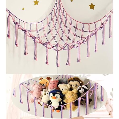 Large Stuffed Animal Hammock Corner Net for Toys Storage Hanging Stuff Animal Organizer Holder Pink Purle Girls Room Bedroom Boho Nursery Decor