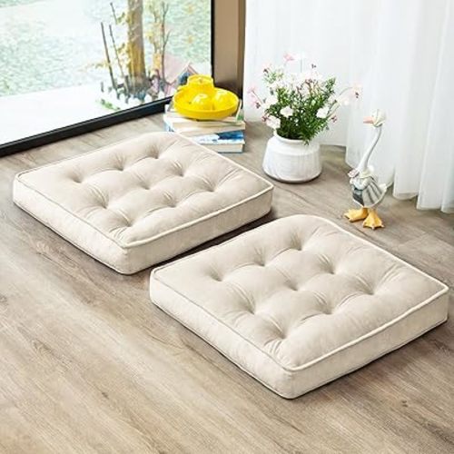 Floor Pillow Set of 2, Memory Foam Meditation Cushion, Floor Cushions for Adults Sitting, Large Square Seat Cushions for Yoga, Living Room, 20x20 Inch (Off-White)