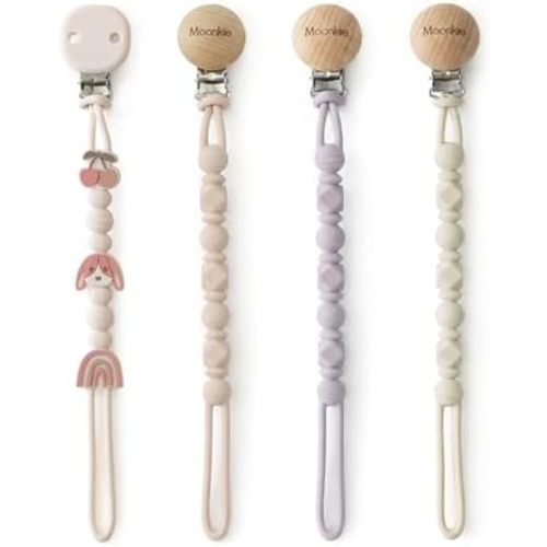 Moonkie Silicone Pacifier Clips for Baby – Durable One-Piece Binky Holder, Mixed Styles Paci Clips, Baby Essentials for Newborn Boys & Girls - 4 Pack (Bunny Bloom)