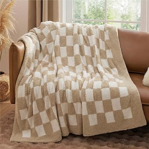 Bedsure Throw Blanket for Couch Bed Sofa - Super Soft, Beige, Checkered Throw Blanket, GentleSoft, Fluffy, Cozy, Santa Gifts for Women, 50x60 Inches
