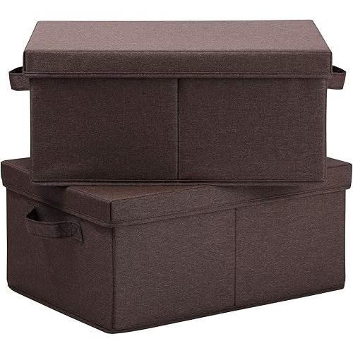 HOONEX Linen Foldable Storage Bins with Lids, 2 Pack, Storage Boxes with Carrying Handles and Sturdy Heavy Cardboard, 16.5" L x 11.8" W x 7.5" H for Shoes, Clothes, Brown