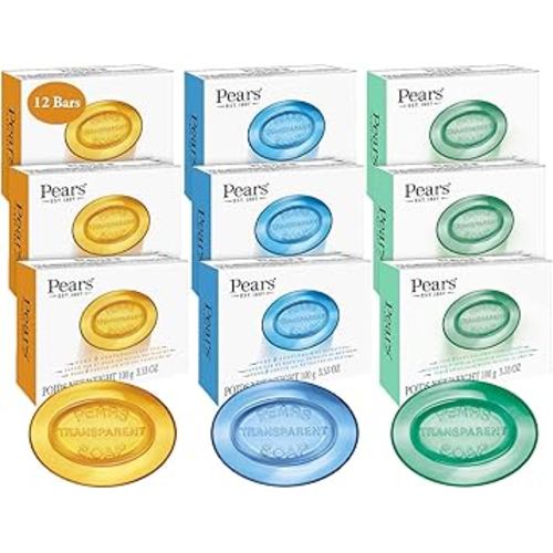 Pears Glycerin Soap Variety 12-Pack – Transparent Amber, Blue & Green Bars for Soft, Glowing Skin, 3.53 Oz Ea