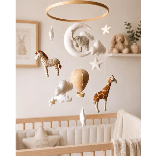 Handcrafted Safari Baby Crib Mobile | Nursery Mobile with Hot Air Balloon