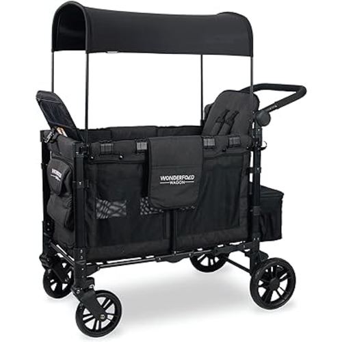 WONDERFOLD W2 Elite Double Stroller Wagon Featuring 2 High Face-to-Face Seats with 5-Point Harnesses, Adjustable Push Handle, and Height Adjustable UV-Protection Canopy, Volcanic Black