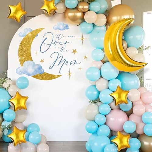 Over the Moon Baby Shower Decorations - We Are Over the Moon Sign Decal Banner Sticker For Balloon Arch Backdrop, Space Moons Themed Birthday Party, Nuatral Gender Reveal Girl Or Boy Baby Shower Decor