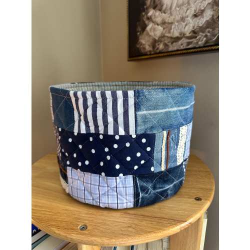 Upcycled Denim Storage Basket - Handmade Quilted Fabric Organizer