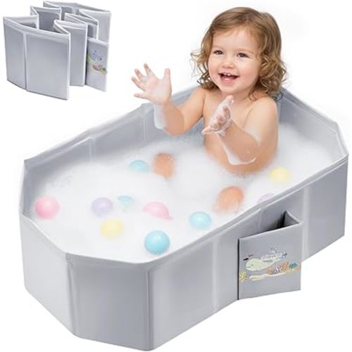 Baby Bathtub for Newborn to Toddlers 1-6 Y, Foldable Infants Babies Bath Tub with Non-Slip Base and Drain Plug, Portable Bathtub for Home Outdoor (Light Grey, 78-45-30CM)