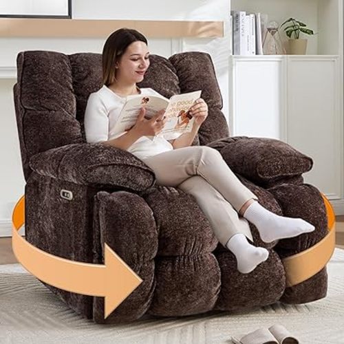 Oversized Power Swivel Rocker Recliner Chair for Big and Tall, Electric Chenille Glider with USB Ports, Extra Wide Overstuffed Reclining Sofa for Living Room Nursery, 375lbs (Brown, Power)