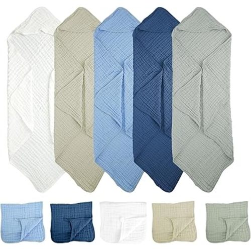 10 Pcs Baby Muslin Hooded Bath Towels and Washcloths, 32 x 32 Inch Absorbent Hooded Blankets Muslin Cotton Hooded Baby Towels for Gift Infant Newborn Shower (5 Colors)